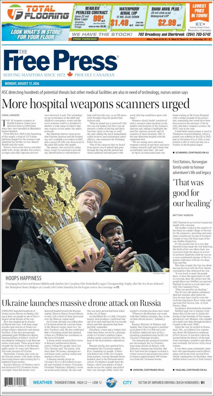 Portada de Winnipeg Free Press (Canad&aacute;)