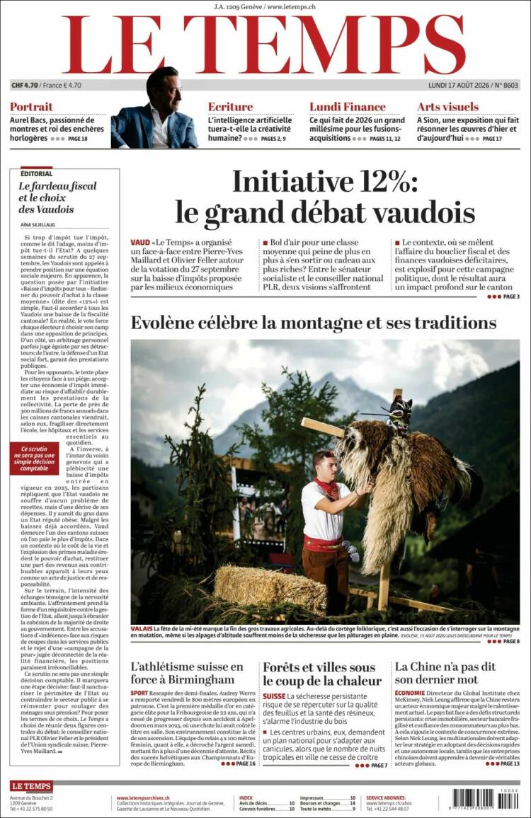 Portada de Le Matin (Suiza)