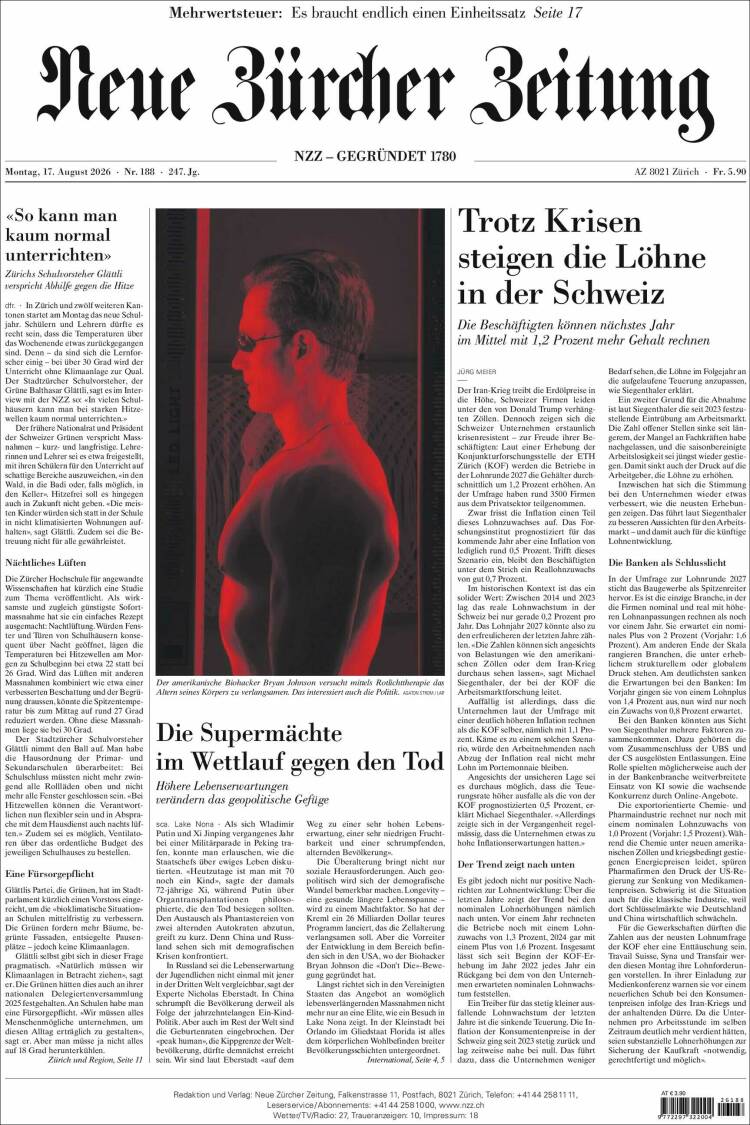Portada de Neue Zürcher Zeitung (Suiza)