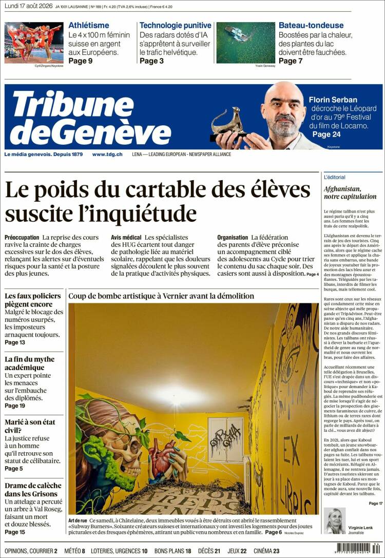 Portada de La Tribune de Genève (Suiza)