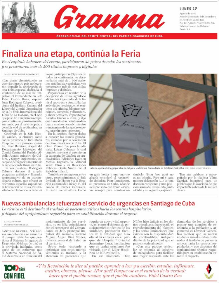 Portada de Granma (Cuba)