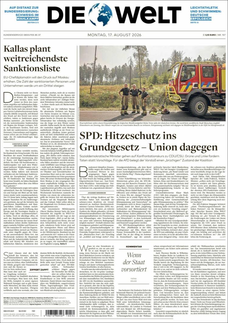 Portada de Die Welt (Alemania)