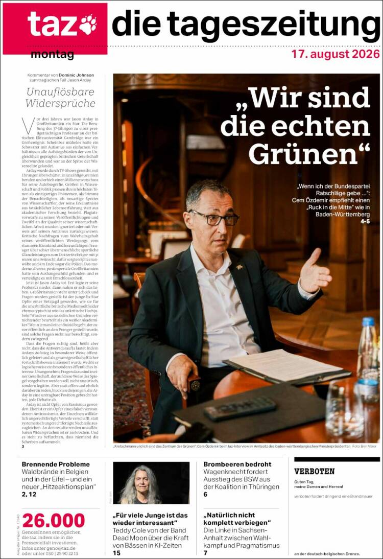 Portada de Die Tageszeitung (Alemania)