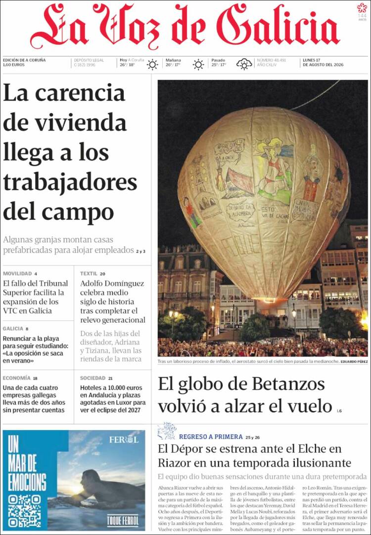 Portada de La Voz de Galicia (Espa&ntilde;a)