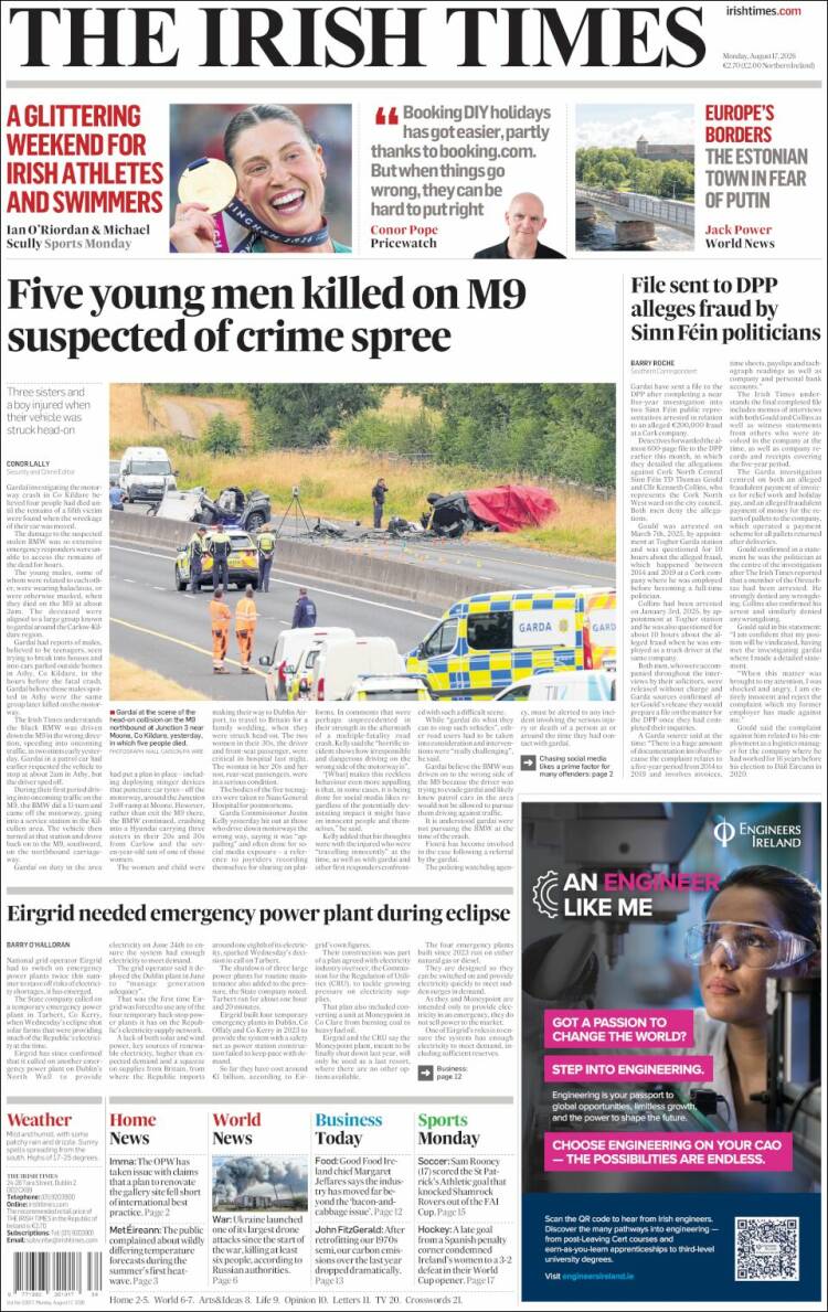 Portada de Irish Times (Irlanda)
