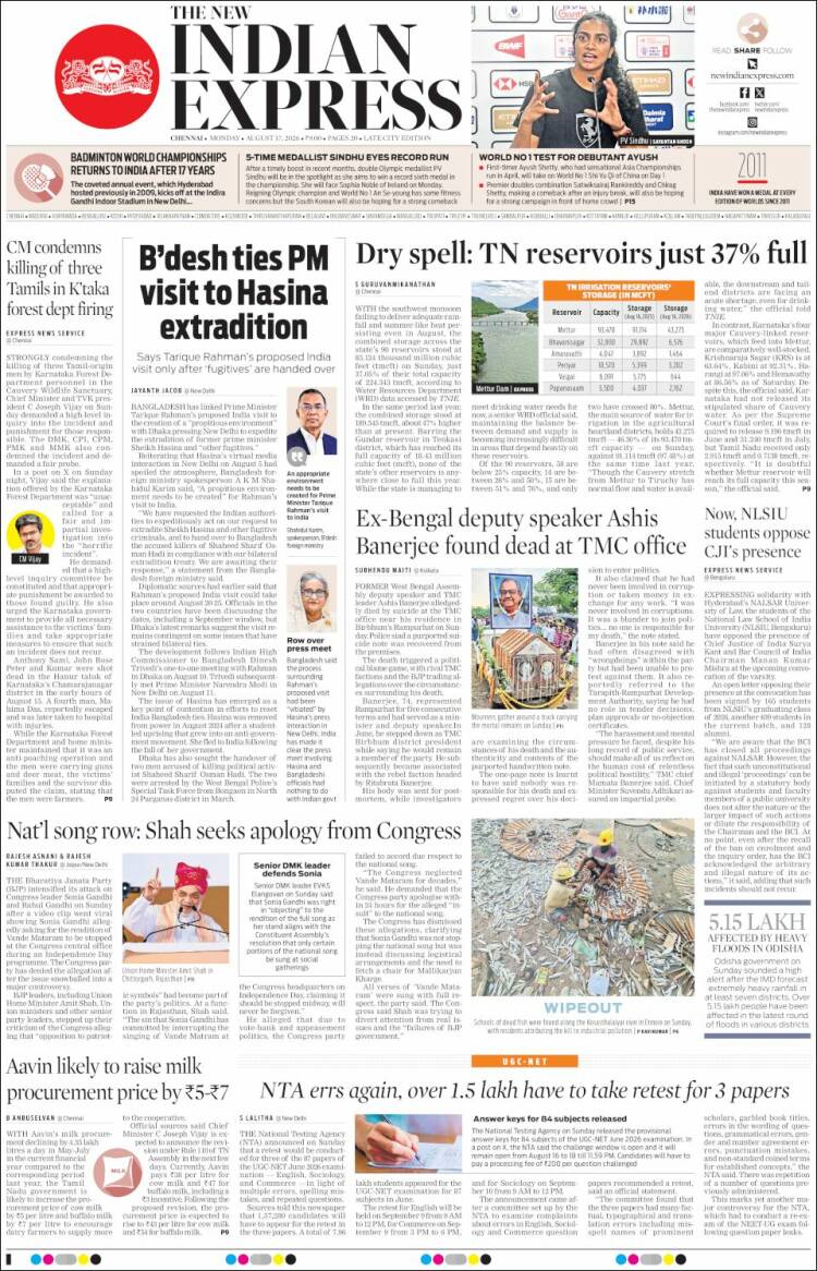 Portada de New Indian Express (India)
