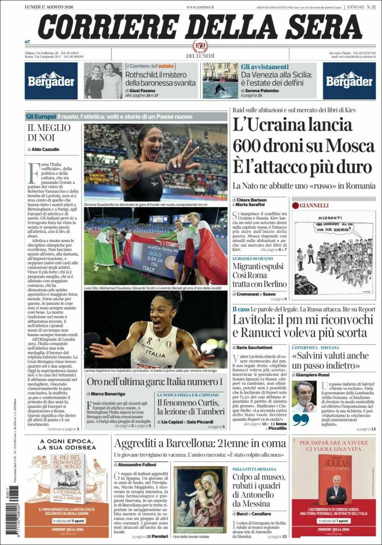 Portada de Corriere della Sera (Italia)
