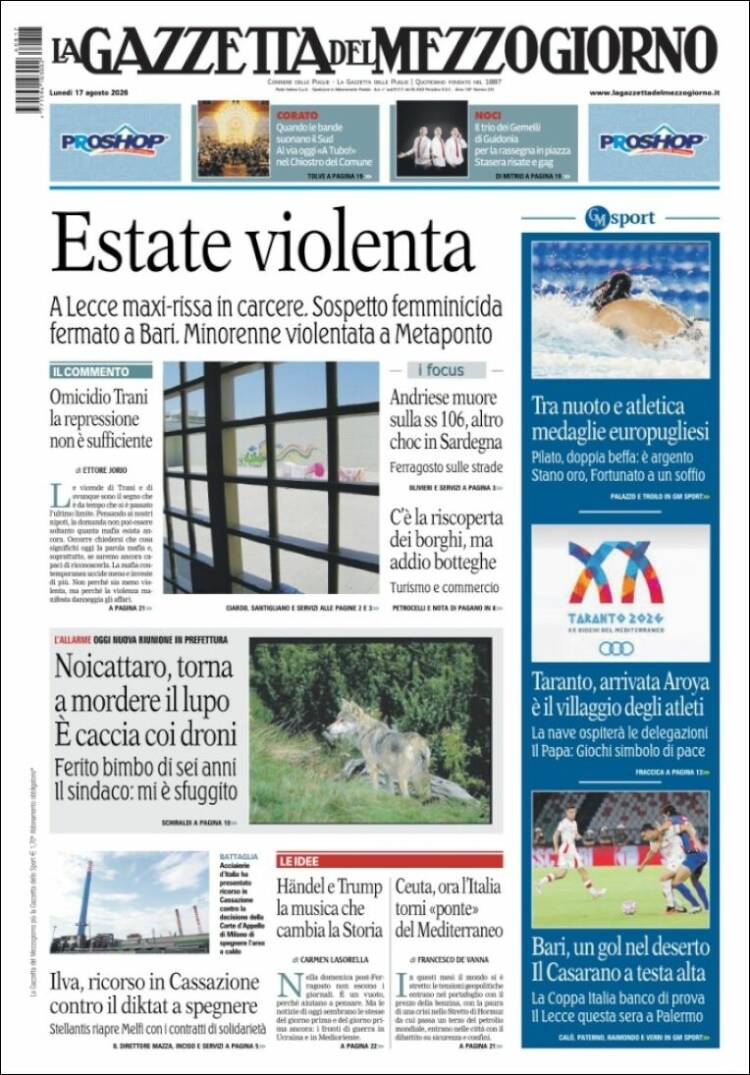 Portada de La Gazzetta del Mezzogiorno (Italia)