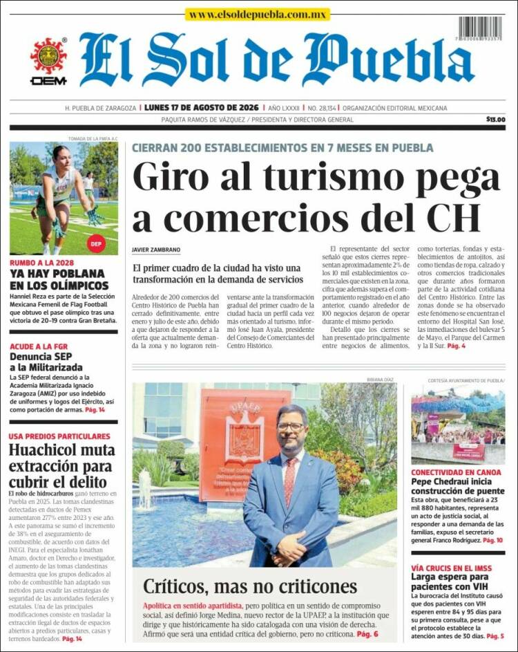 Portada de El Sol de Puebla (M&eacute;xico)