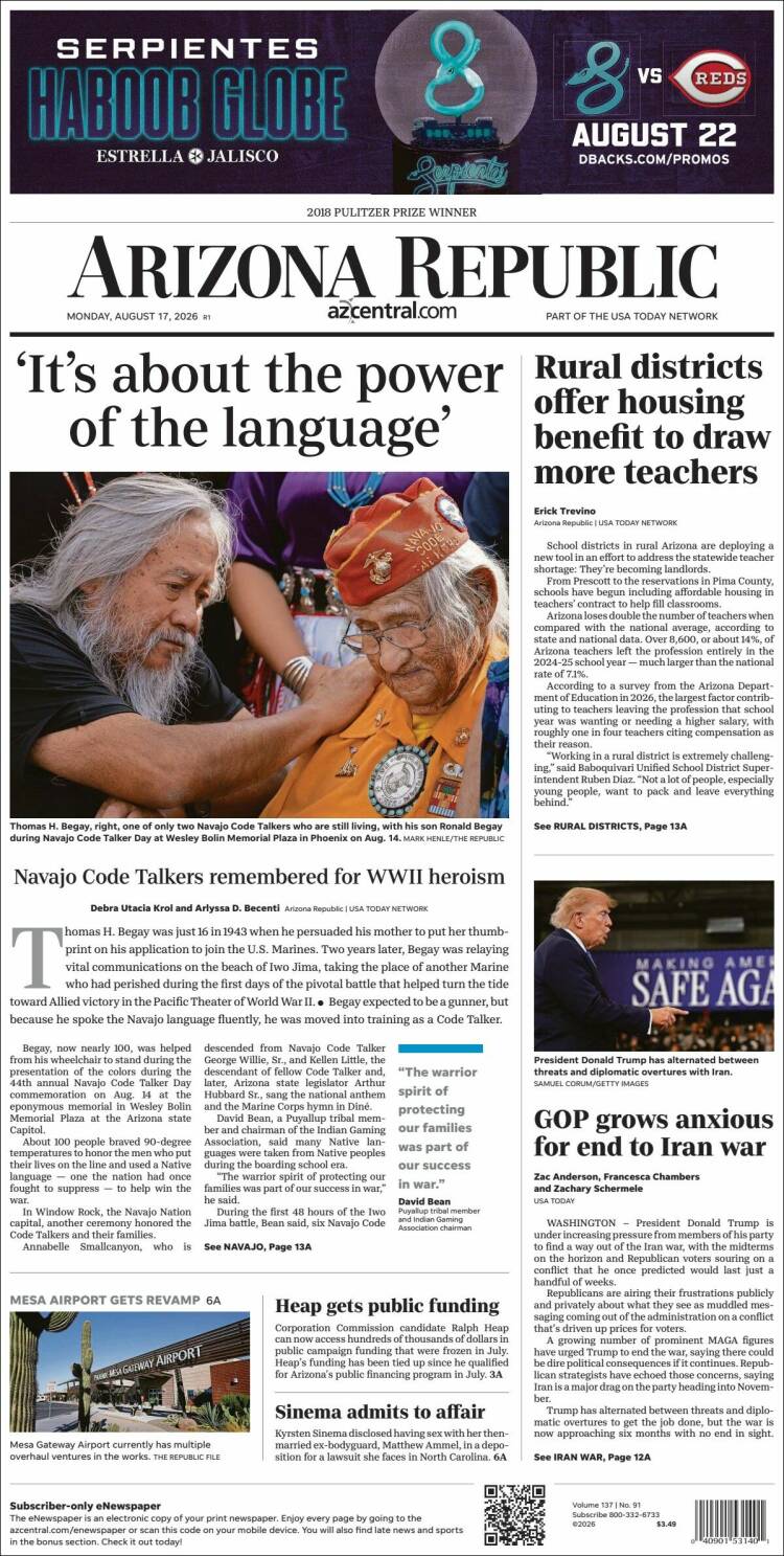 Portada de Arizona Republic News (USA)
