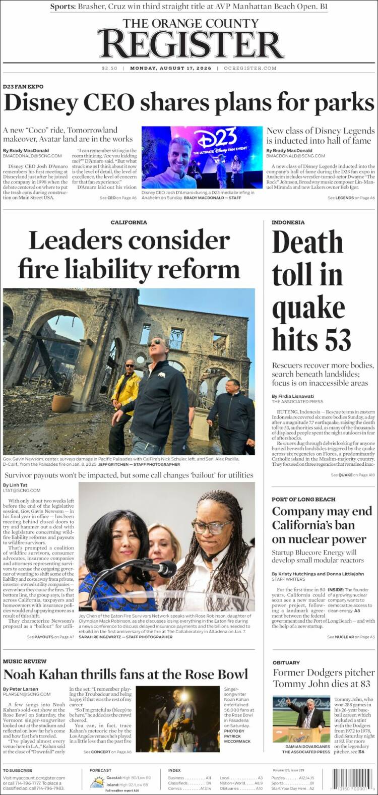 Portada de The Orange County Register (USA)