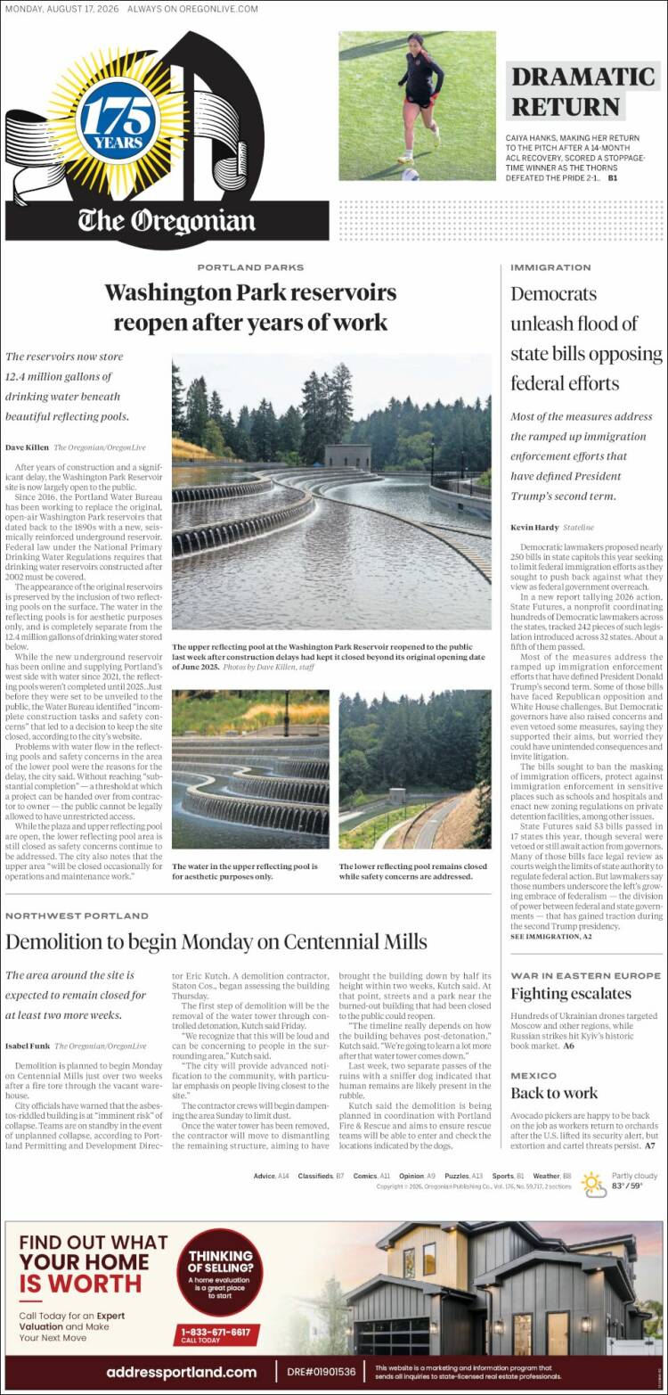 Portada de The Oregonian (USA)