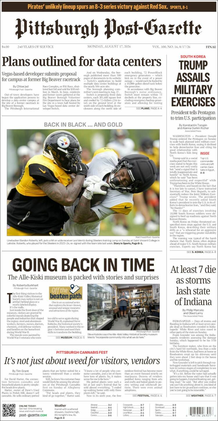 Portada de Pittsburgh Post-Gazette (USA)