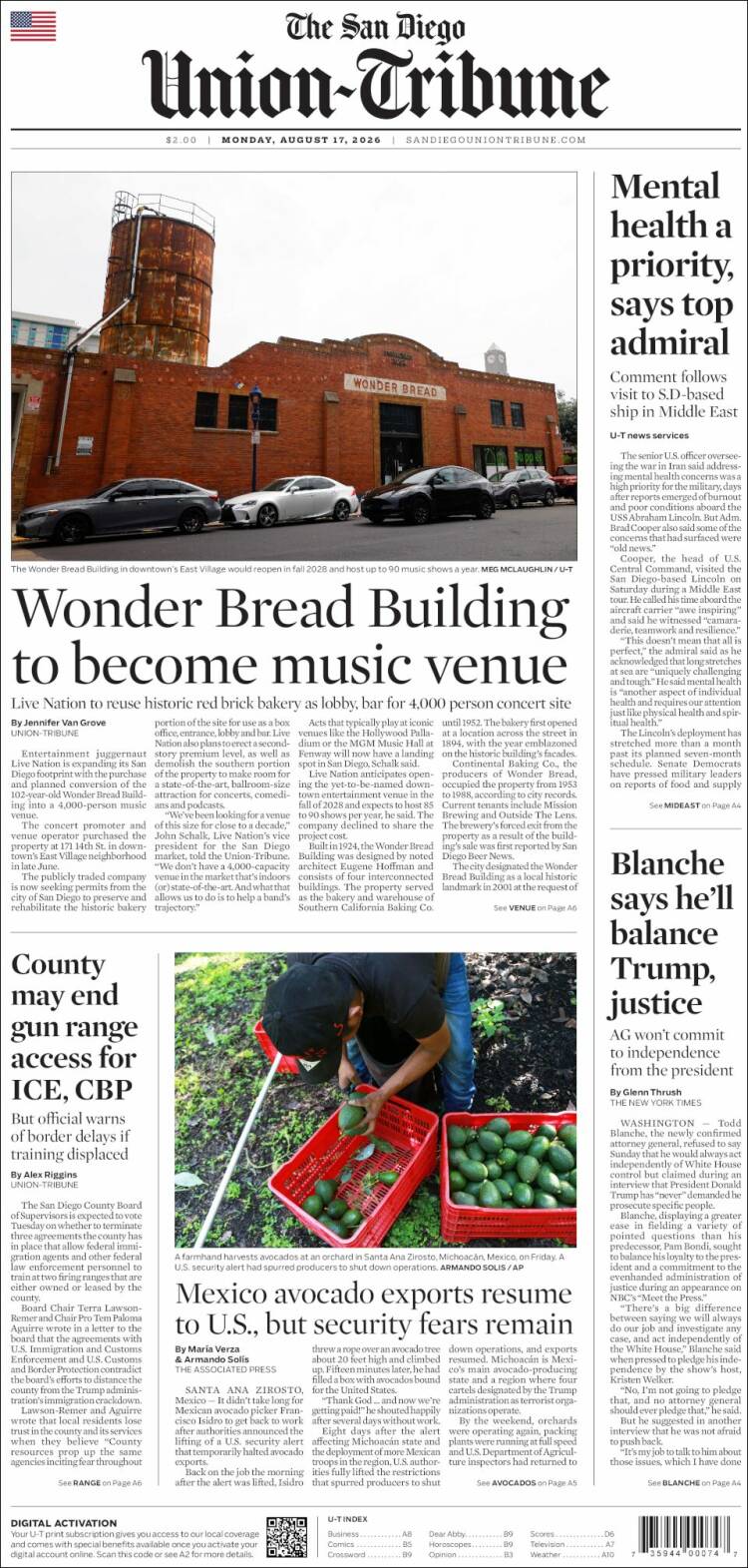 Portada de The San Diego Union-Tribune (USA)