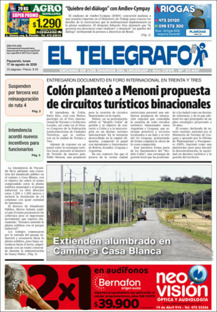 Portada de El Telégrafo (Uruguay)