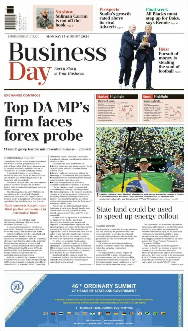 Portada de Business Day (Sud&aacute;frica)