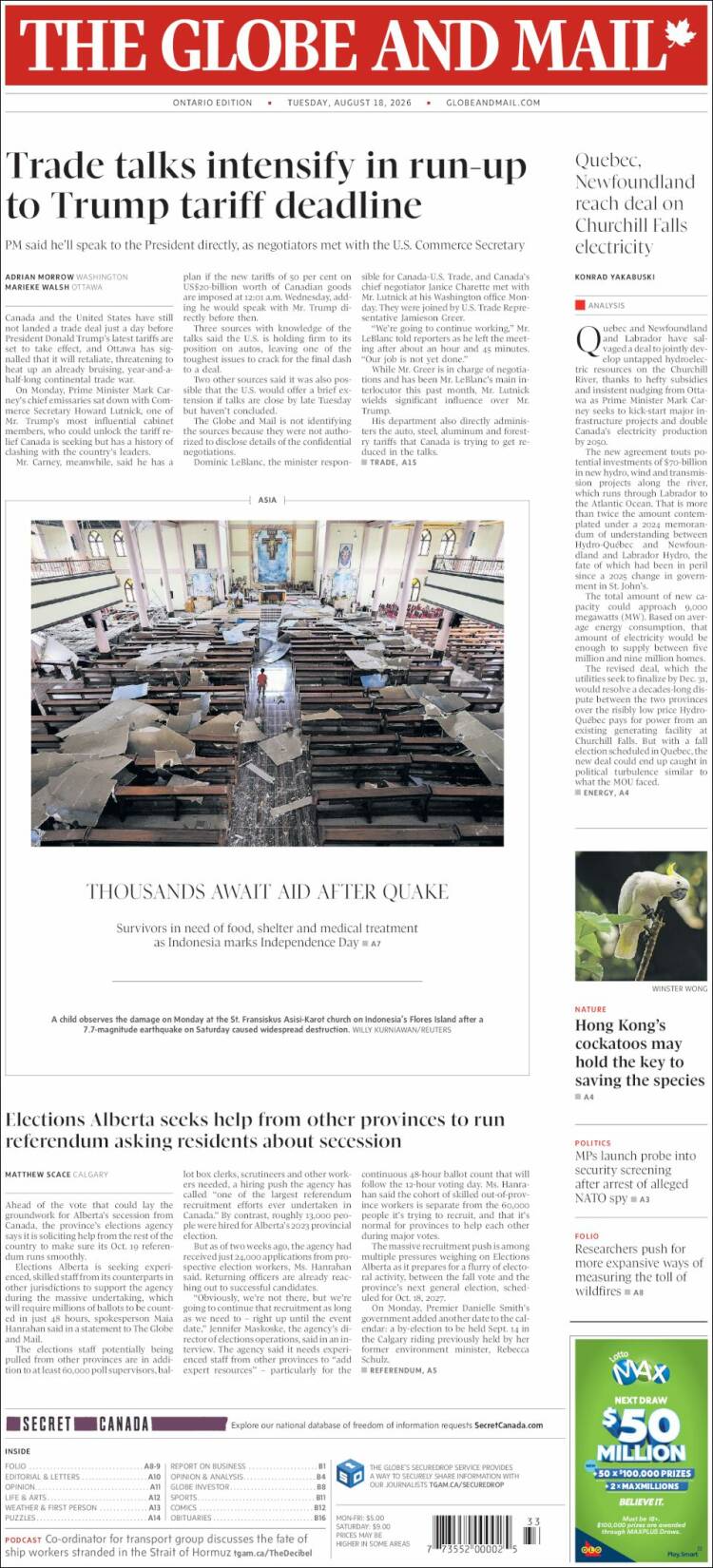Portada de The Globe and Mail (Canad&aacute;)
