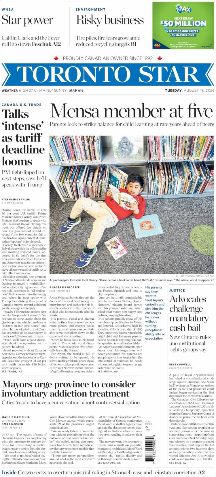 Portada de The Toronto Star (Canad&aacute;)