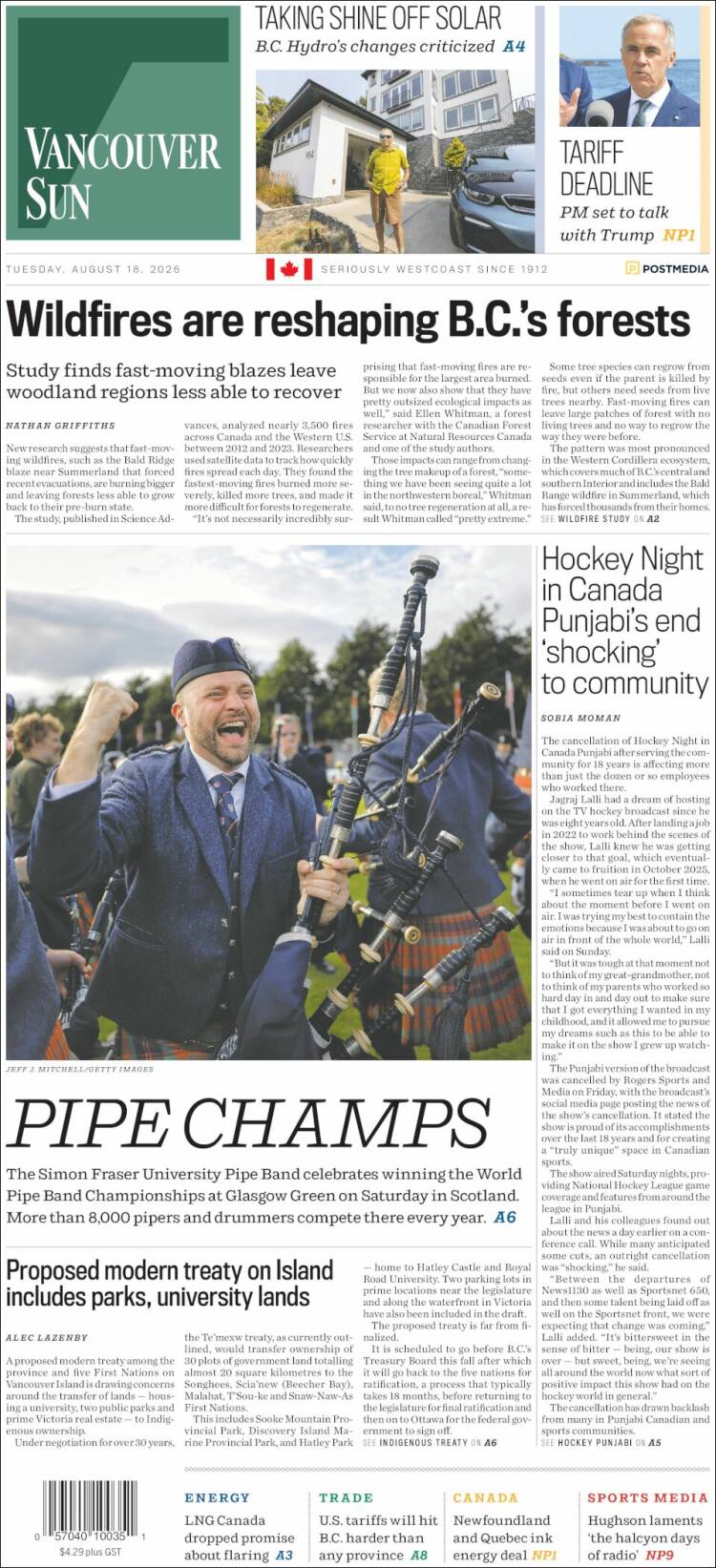 Portada de The Vancouver Sun (Canad&aacute;)