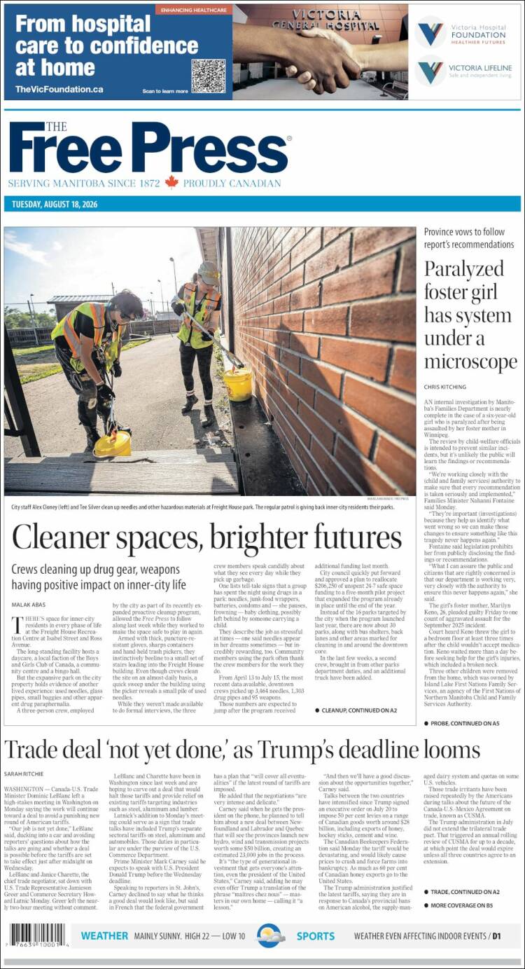 Portada de Winnipeg Free Press (Canad&aacute;)