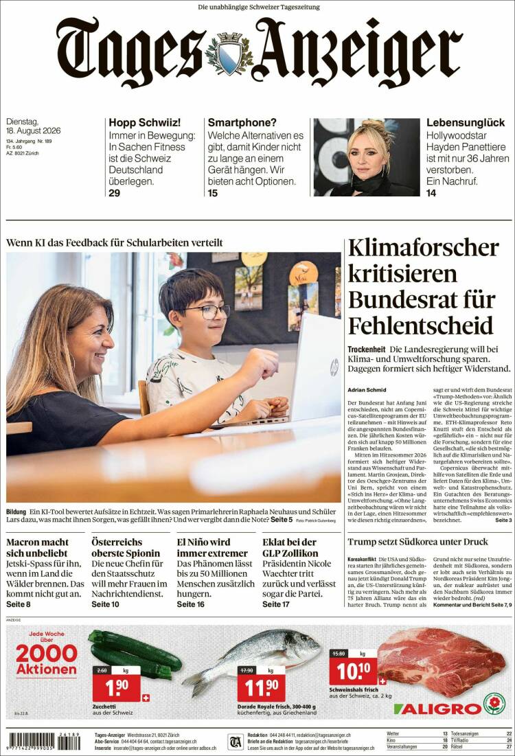 Portada de Tages-Anzeiger (Suiza)
