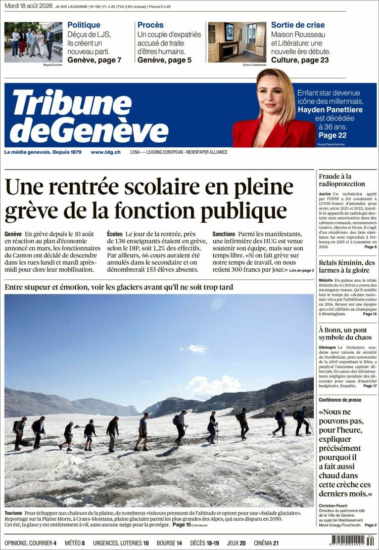 Portada de La Tribune de Genève (Suiza)