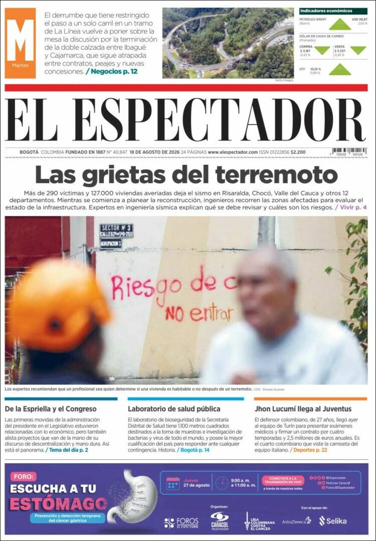Portada de El Espectador (Colombia)
