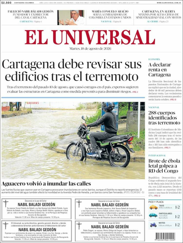 Portada de El Universal (Colombia)