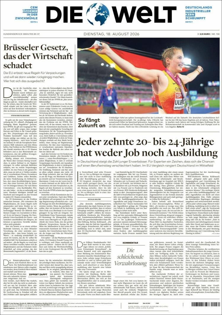 Portada de Die Welt (Alemania)