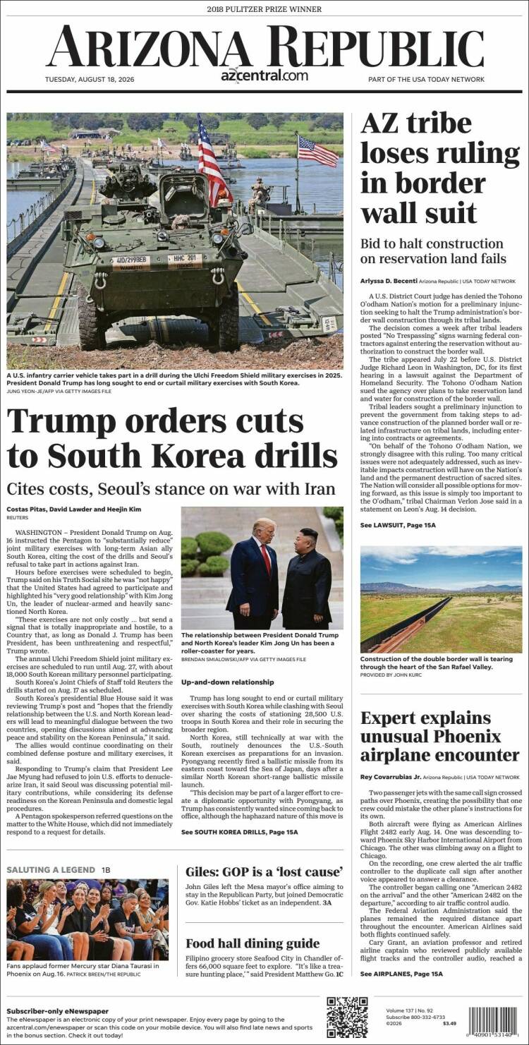 Portada de Arizona Republic News (USA)