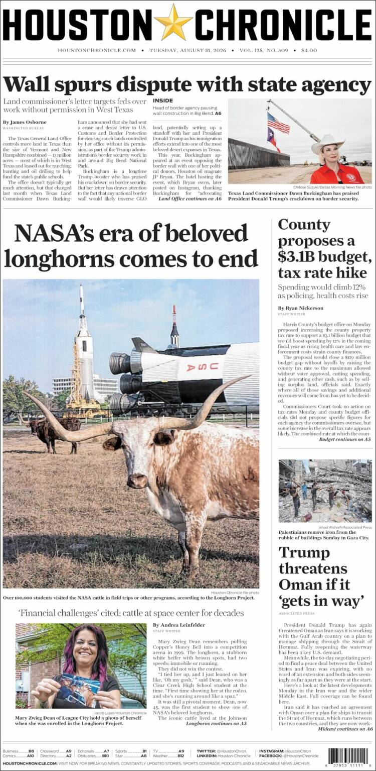 Portada de Houston Chronicle (USA)