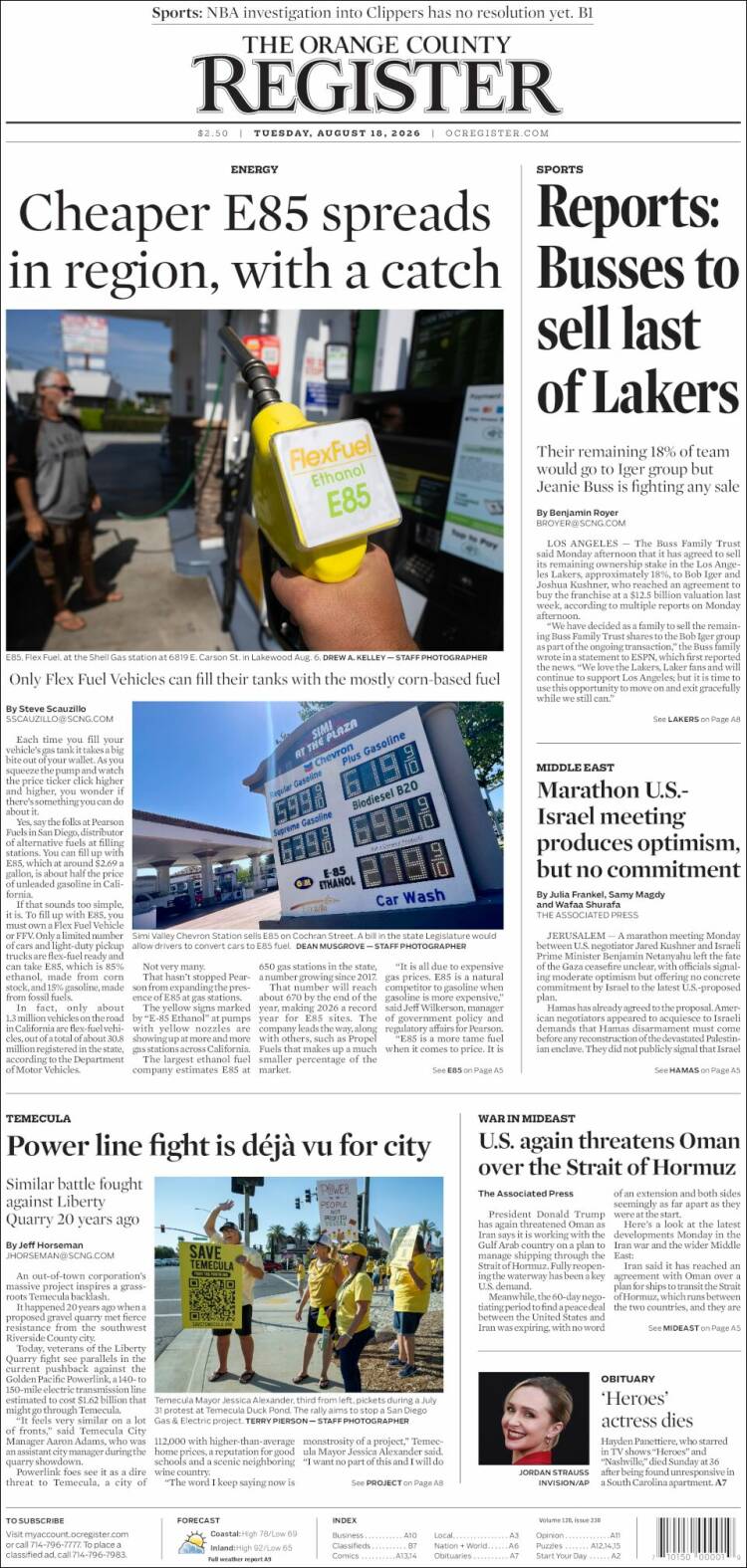 Portada de The Orange County Register (USA)