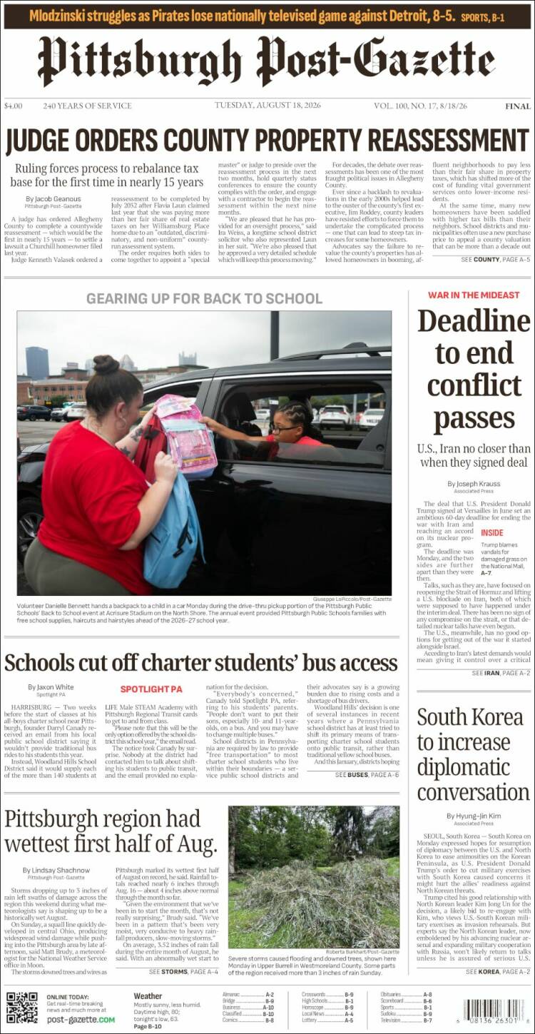 Portada de Pittsburgh Post-Gazette (USA)