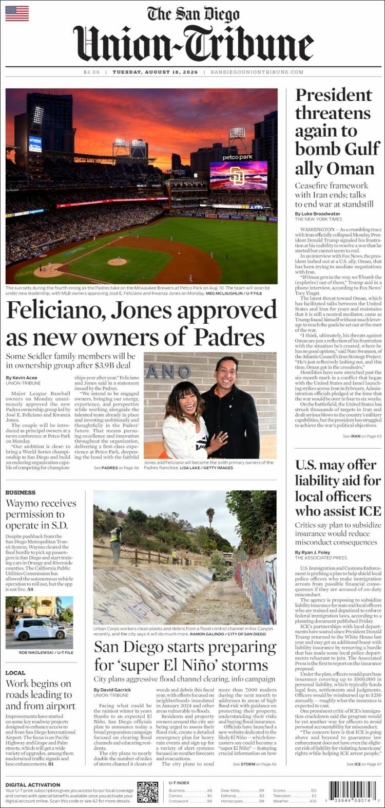 Portada de The San Diego Union-Tribune (USA)