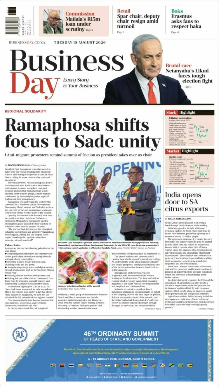 Portada de Business Day (Sud&aacute;frica)