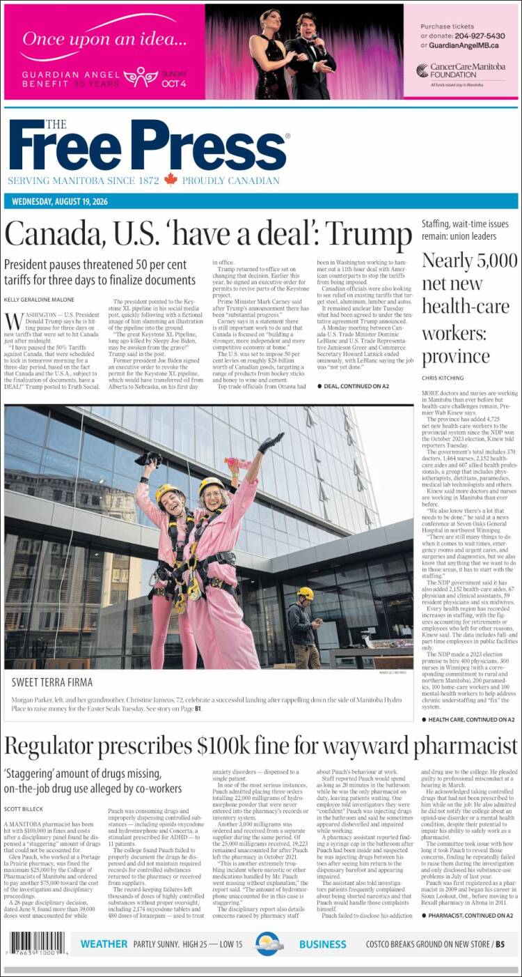 Portada de Winnipeg Free Press (Canad&aacute;)