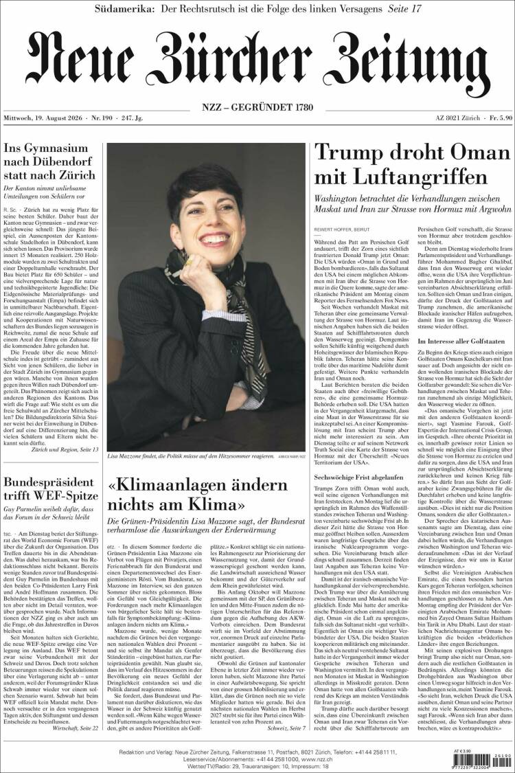 Portada de Neue Zürcher Zeitung (Suiza)