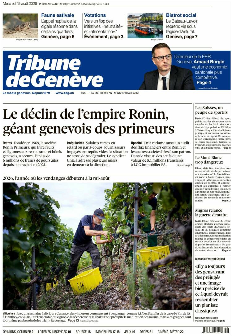 Portada de La Tribune de Genève (Suiza)