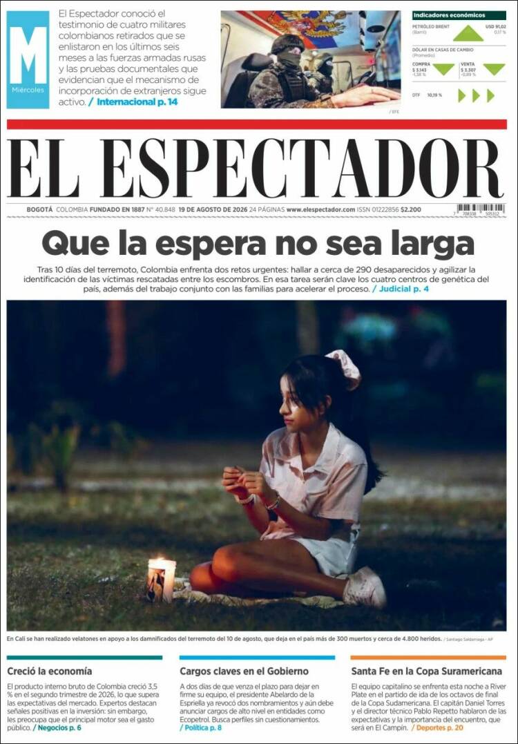 Portada de El Espectador (Colombia)