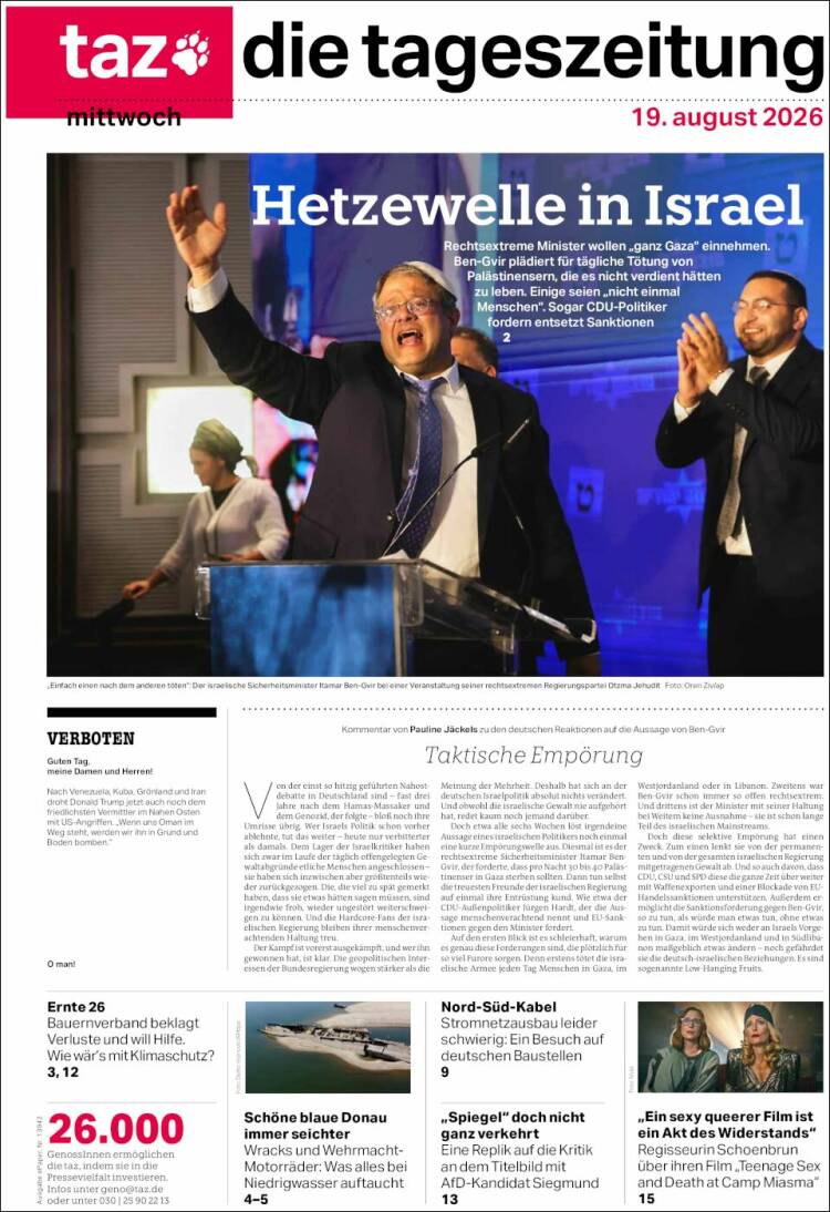 Portada de Die Tageszeitung (Alemania)