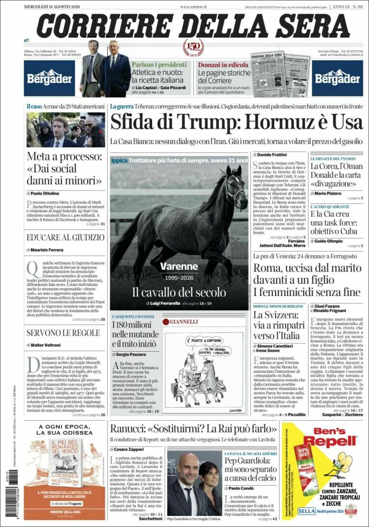 Portada de Corriere della Sera (Italia)
