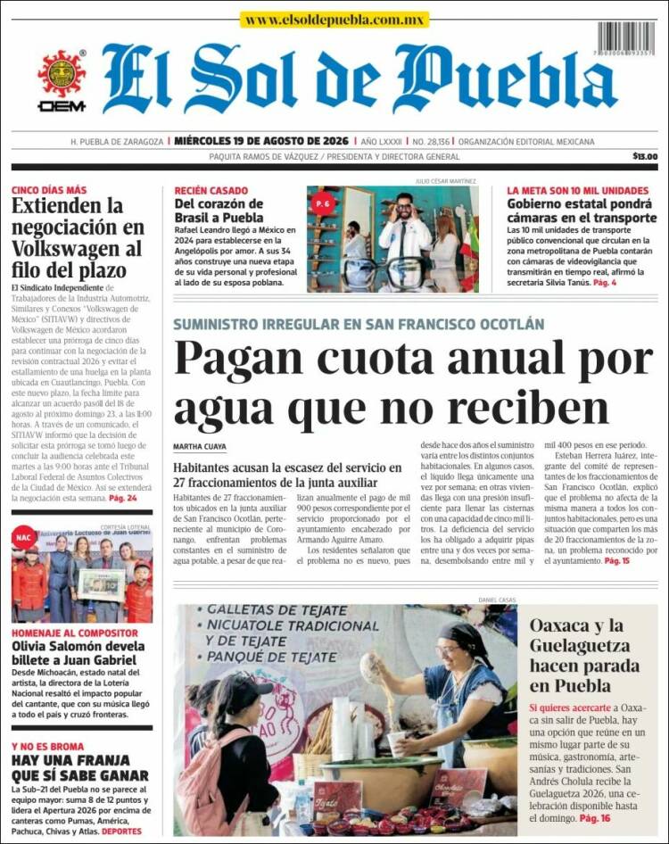 Portada de El Sol de Puebla (M&eacute;xico)