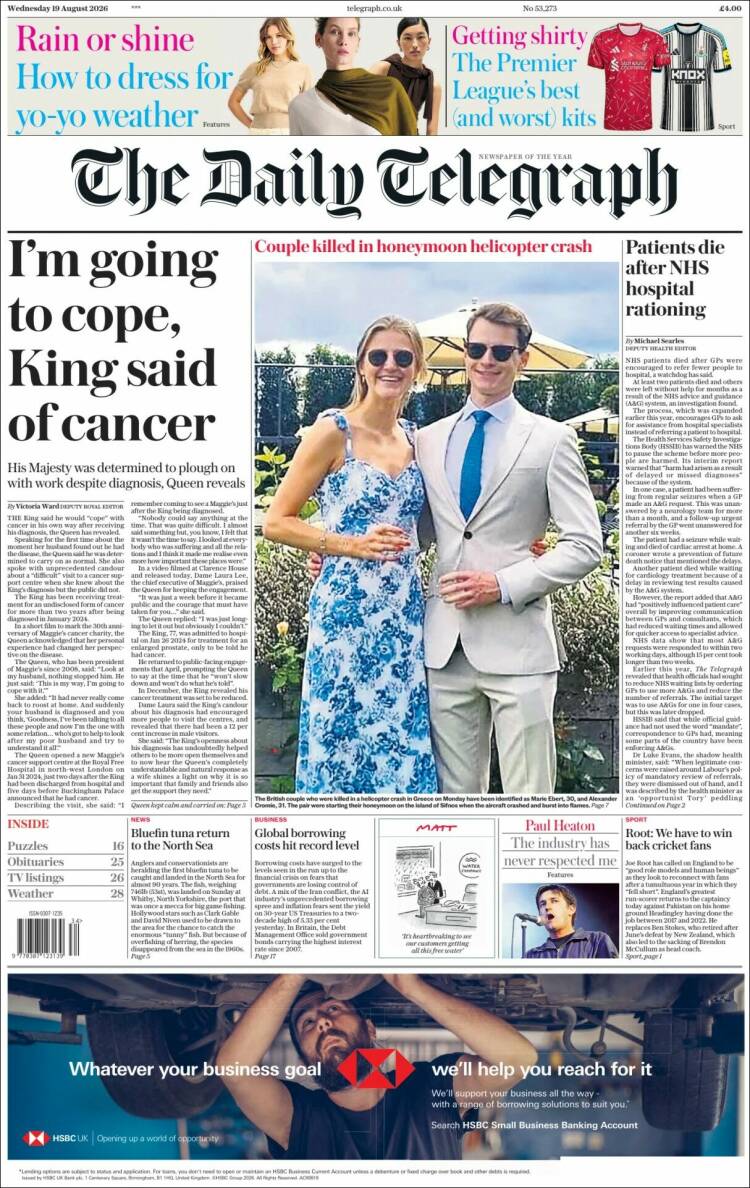 Portada de Daily Telegraph (Reino Unido)