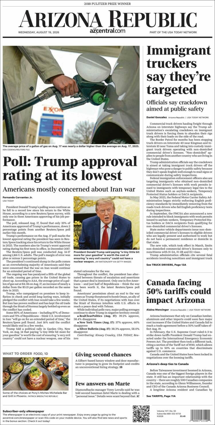 Portada de Arizona Republic News (USA)