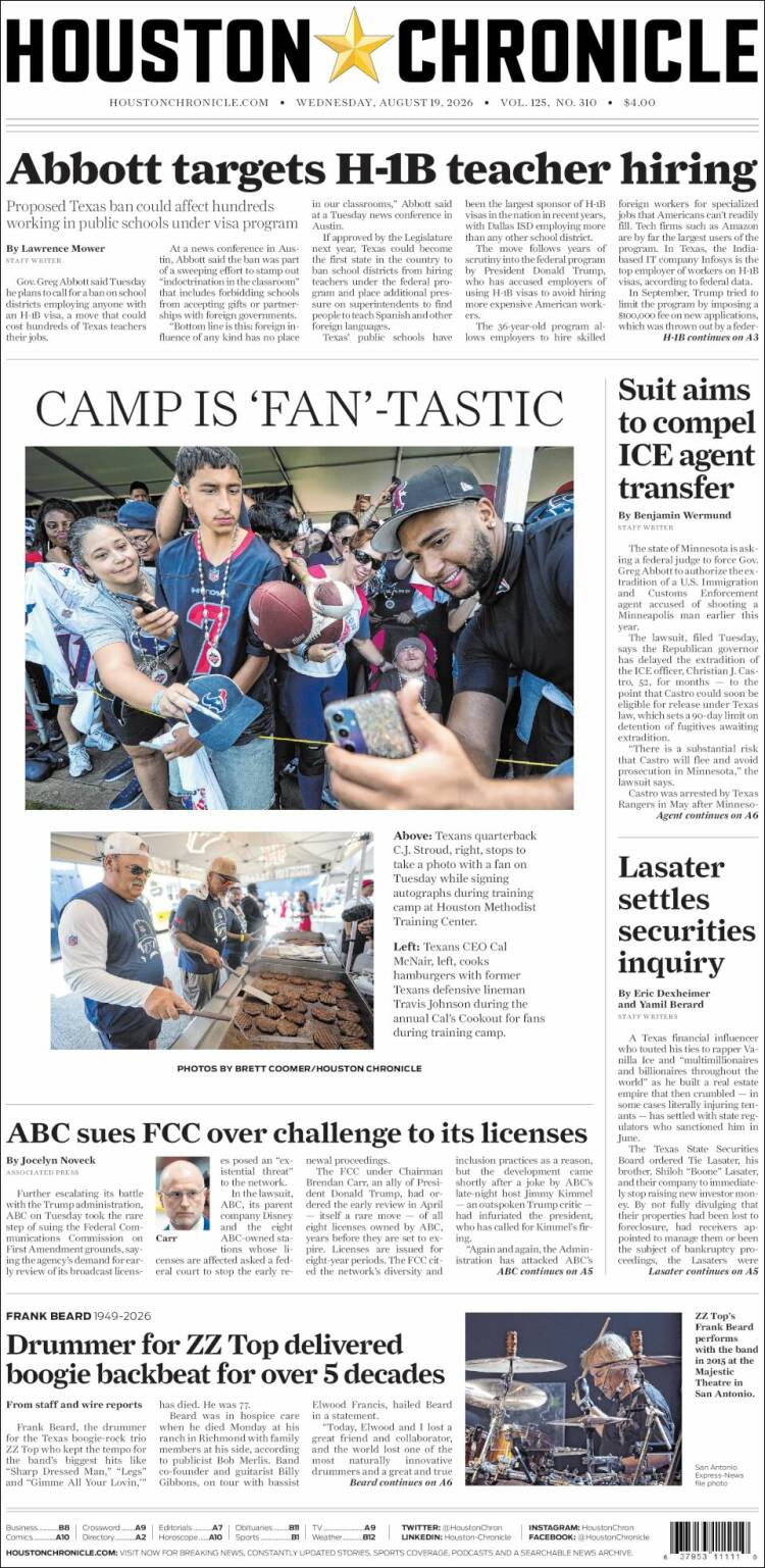 Portada de Houston Chronicle (USA)