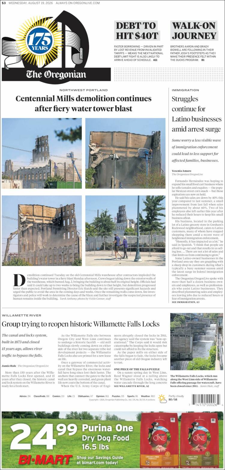 Portada de The Oregonian (USA)