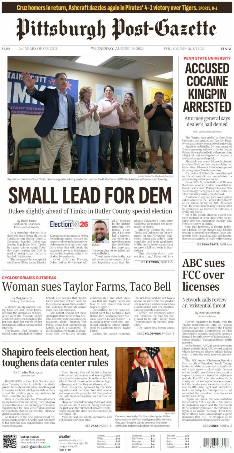 Portada de Pittsburgh Post-Gazette (USA)