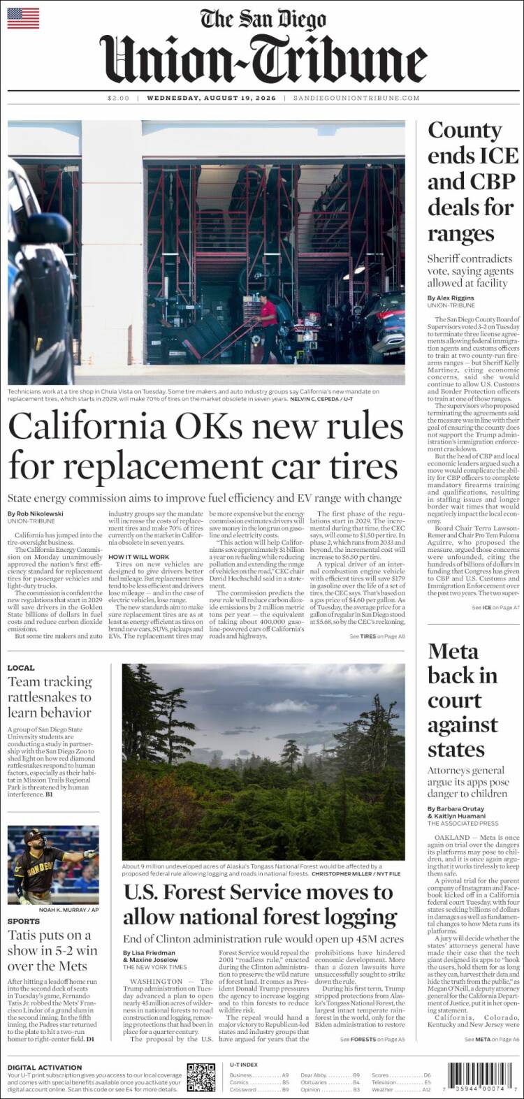 Portada de The San Diego Union-Tribune (USA)