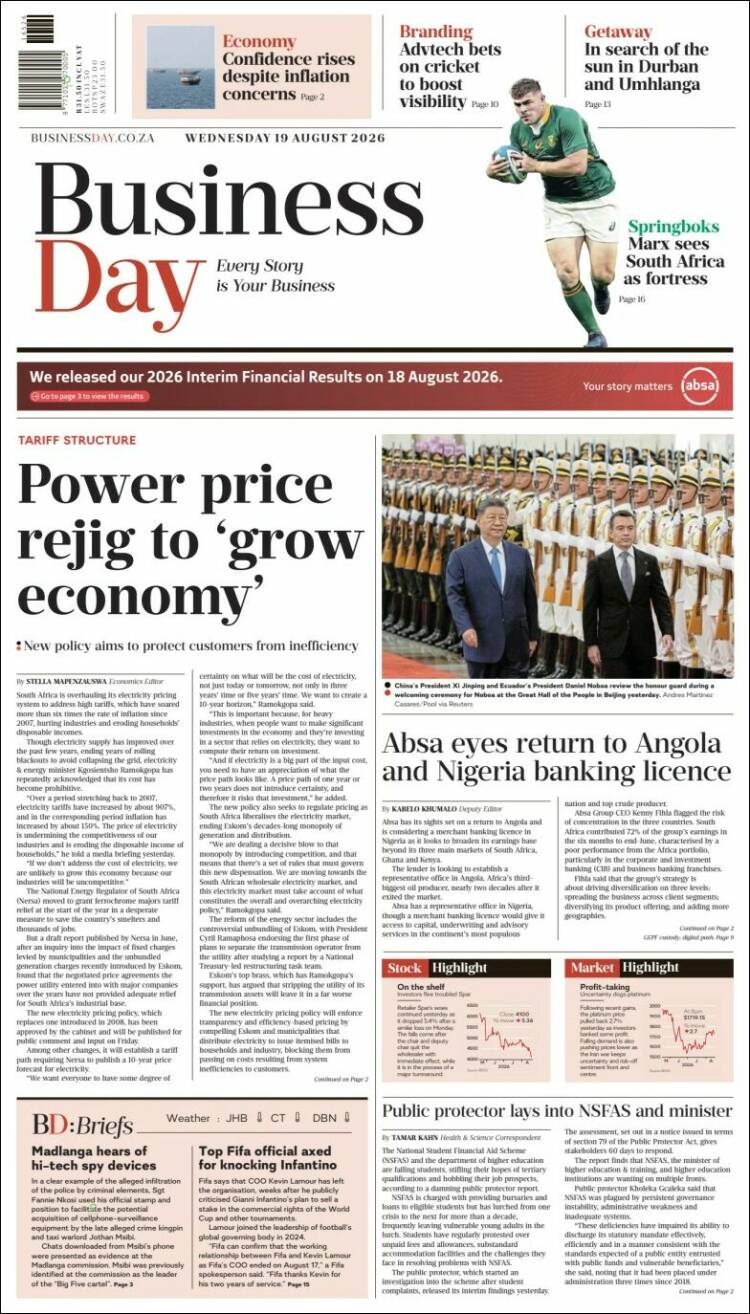 Portada de Business Day (Sud&aacute;frica)