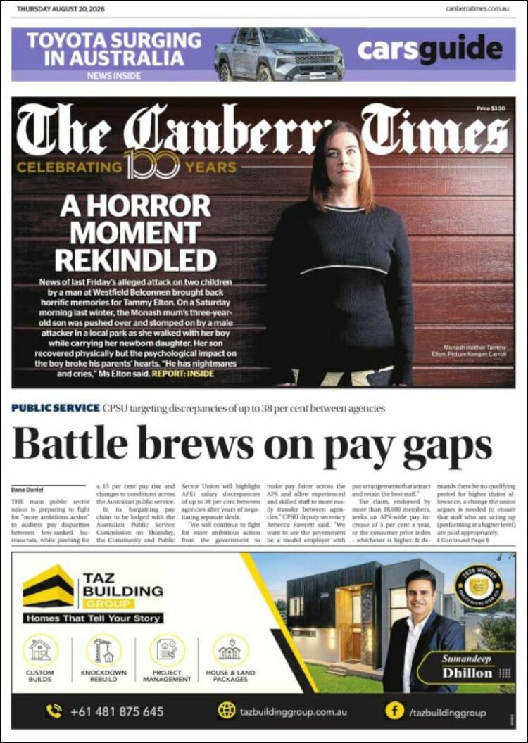 Portada de The Canberra Times (Australia)